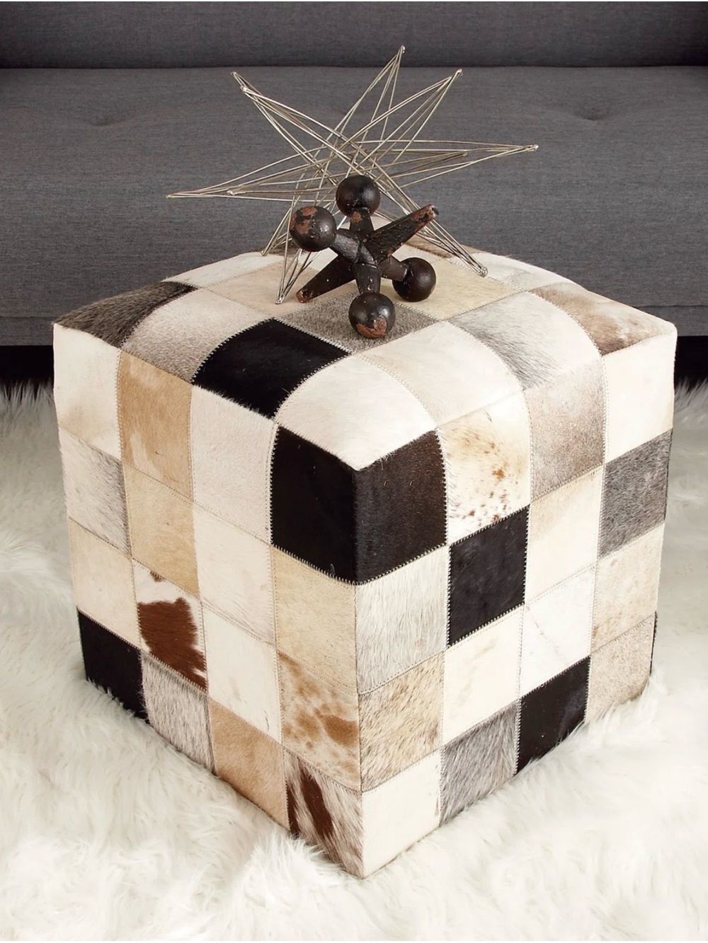 Leather Cowhide Ottoman Pouf - Neutral Tones